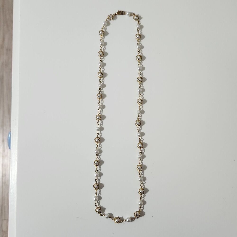 Wrapped Faux Pearl Gold Tone Chain Lobster Beaded Link Strand Necklace